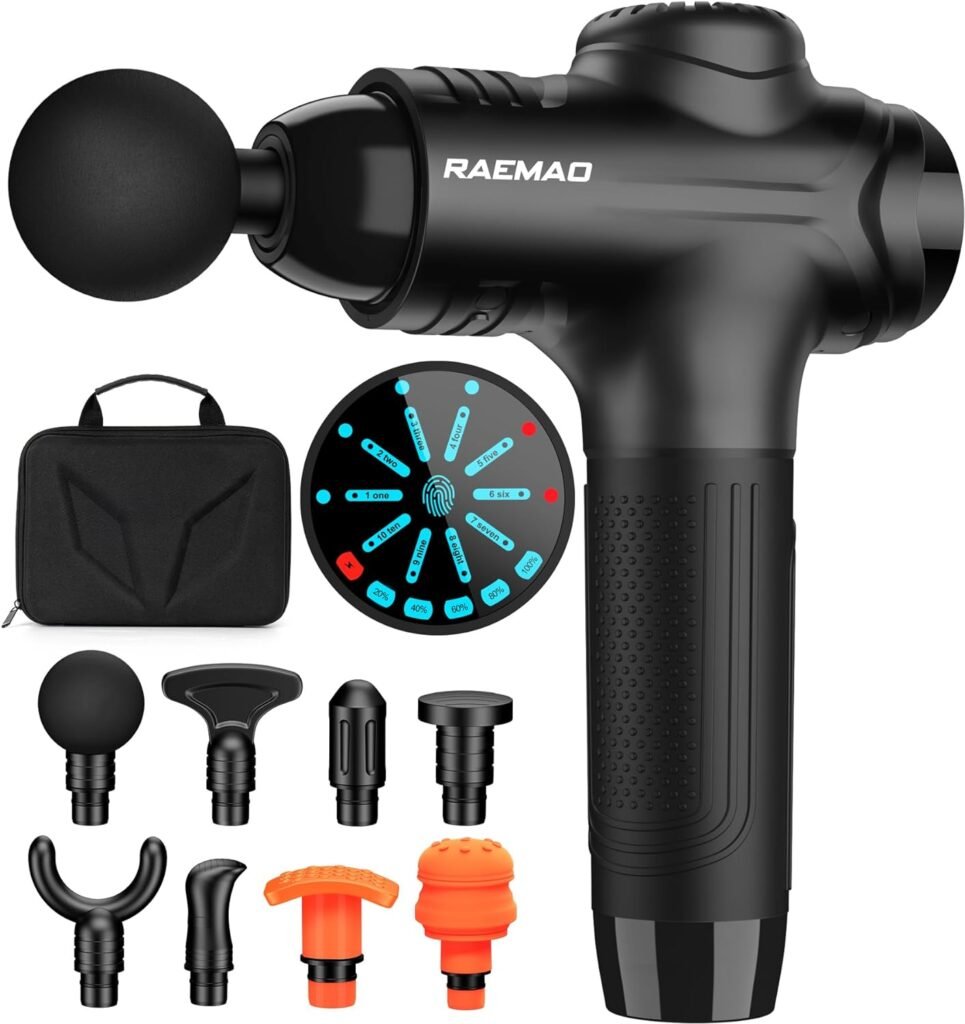 RAEMAO Massage Gun Deep Tissue, Back Massage Gun for Athletes for Pain Relief Attaching 8 PCS Specialized Replacement Heads, Percussion Massager with 10 Speeds  LED Screen, Black