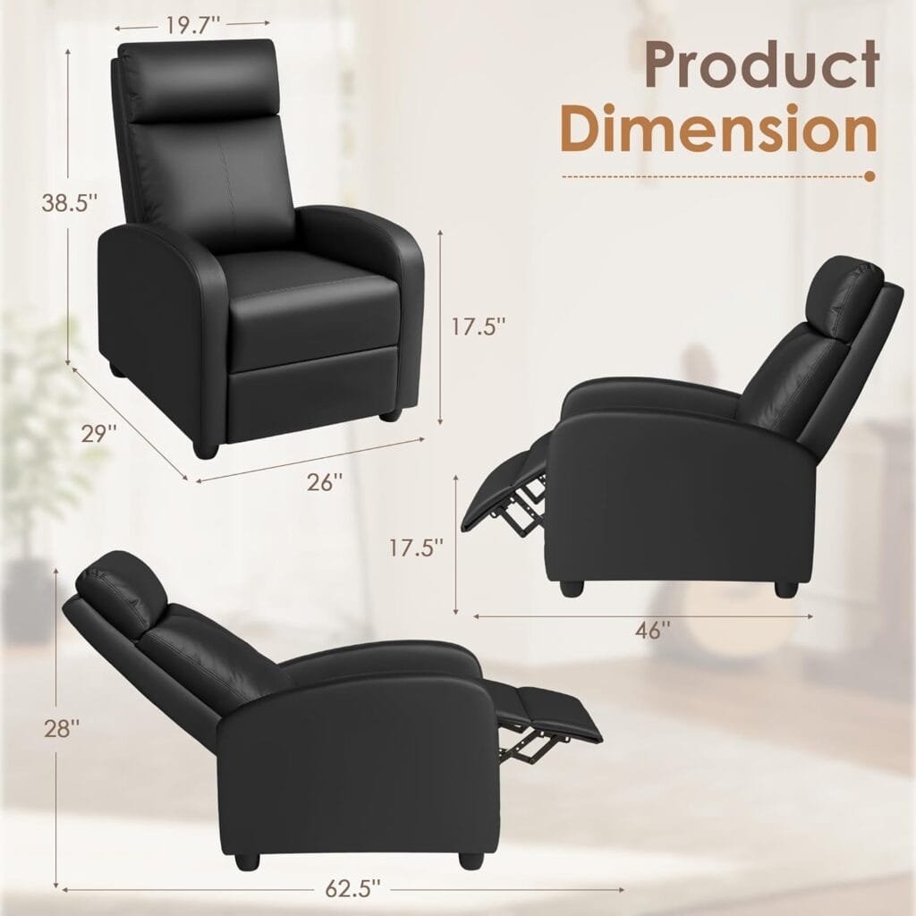 Rankok Recliner Chair Modern PU Leather Reclining Chair Ergonomic Adjustable Recliner for Living Room Home Theater Seating Single Sofa (Black)