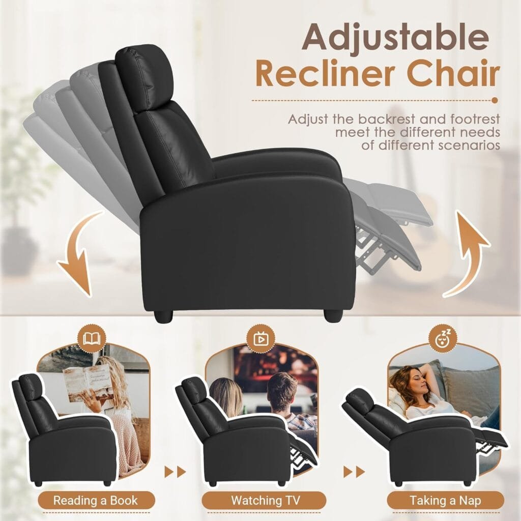 Rankok Recliner Chair Modern PU Leather Reclining Chair Ergonomic Adjustable Recliner for Living Room Home Theater Seating Single Sofa (Black)