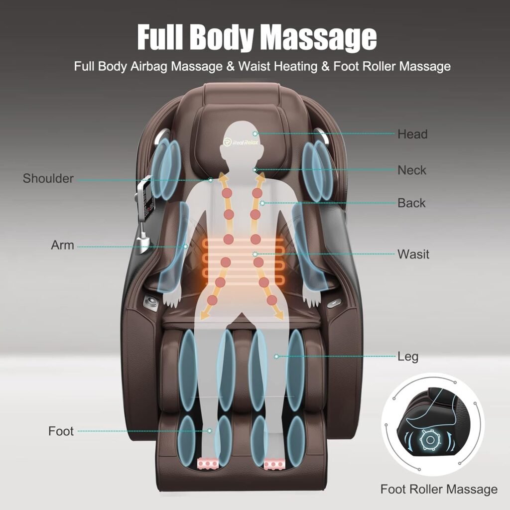 Real Relax Massage Chair Full Body Zero Gravity SL-Track Shiatsu Recliner with Heat Bluetooth Foot Roller Favor 06, 57.48D x 28.34W x 42.12H Inch, Brown