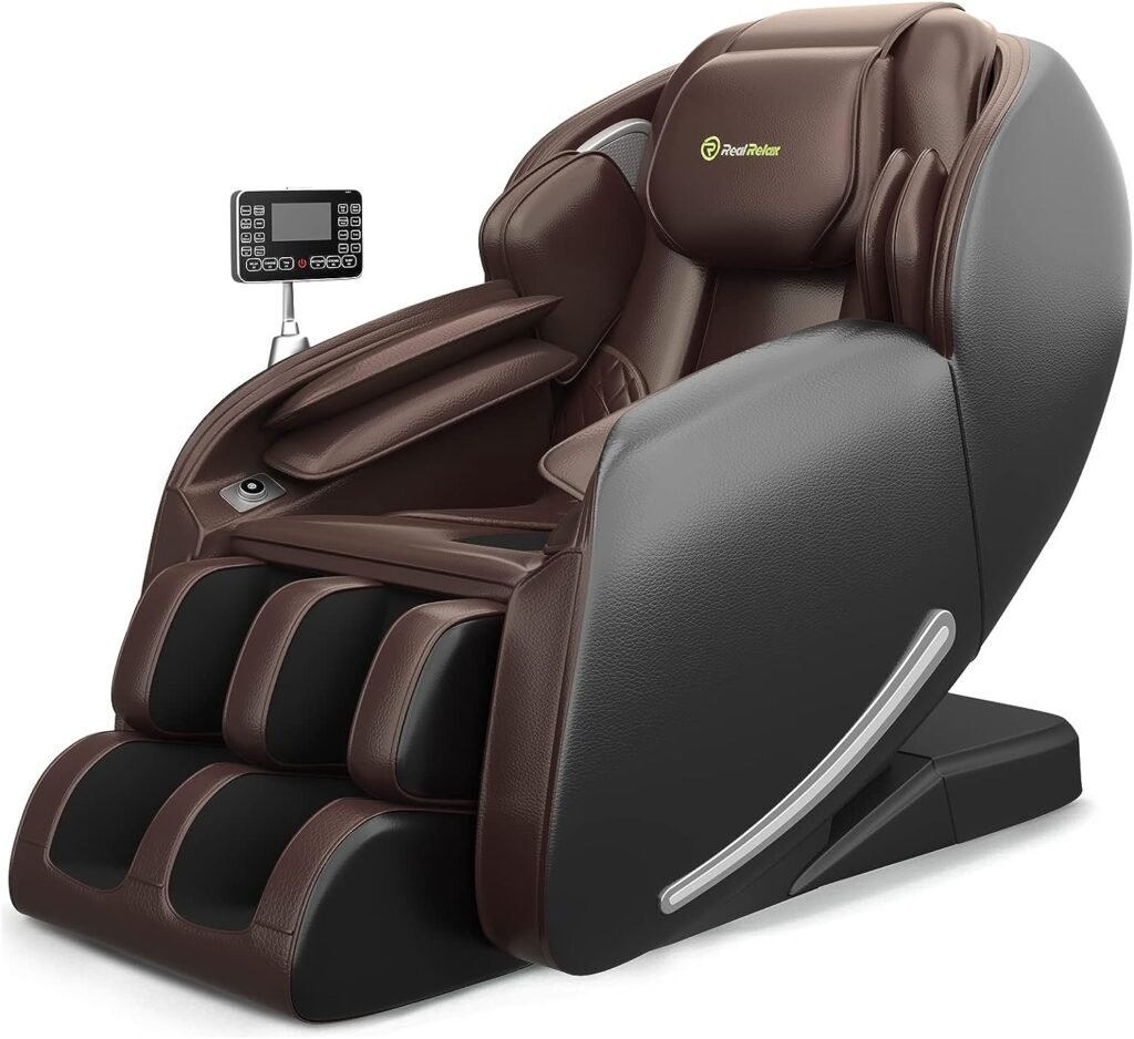 Real Relax Massage Chair Full Body Zero Gravity SL-Track Shiatsu Recliner with Heat Bluetooth Foot Roller Favor 06, 57.48D x 28.34W x 42.12H Inch, Brown