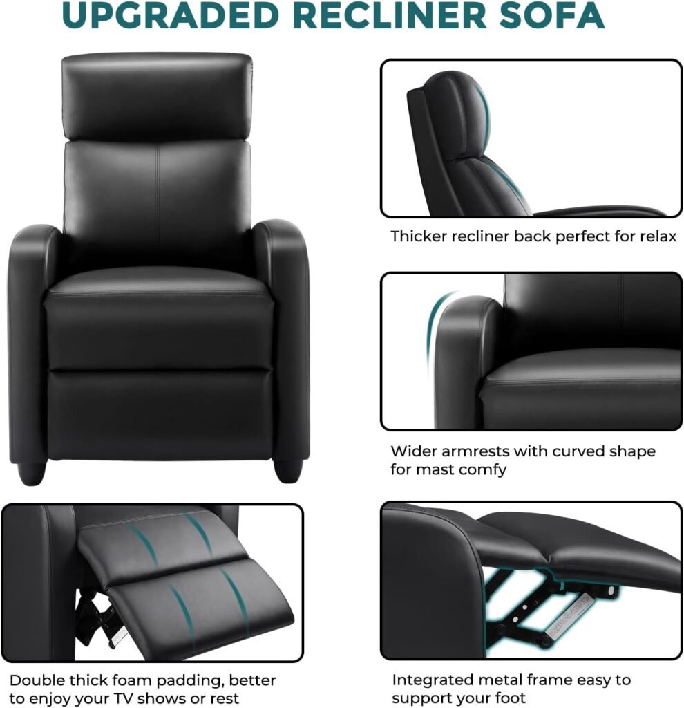 Recliner Chair, Arm Chair for Living Room Recliner Sofa Winback Single Sofa Home Theater Seating Modern Reading Reclining Chair Easy Lounge with PU Leather Padded Seat Backrest (Dark Black)