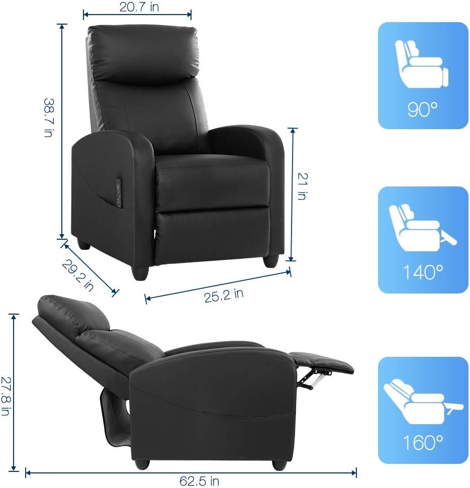 Recliner Chair, Arm Chair for Living Room Recliner Sofa Winback Single Sofa Home Theater Seating Modern Reading Reclining Chair Easy Lounge with PU Leather Padded Seat Backrest (Dark Black)