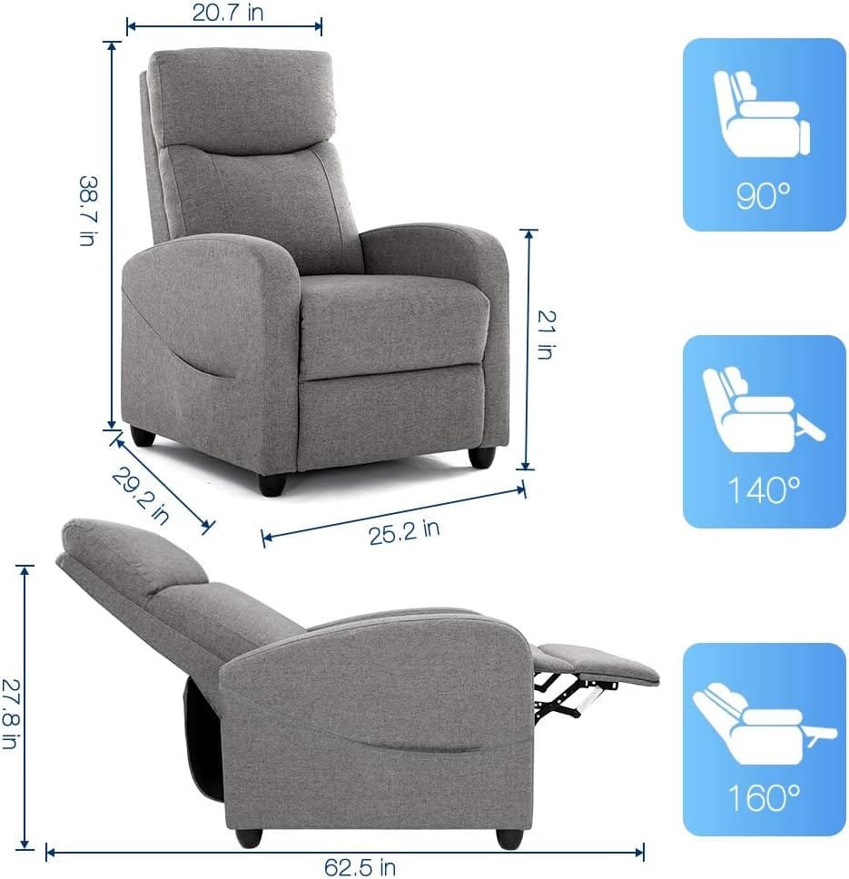 Recliner Chair for Adults, Massage Reclining Chair for Living Room, Adjustable Modern Recliners Chair, Home Theater Seating Single Sofa Recliner with Padded Seat Backrest (Light Grey)