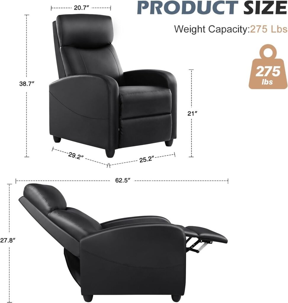 Recliner Chair for Adults, Massage Reclining Chair for Living Room, Adjustable Modern Recliners Chair, Home Theater Seating Single Sofa Recliner with PU Leather Padded Seat Backrest (Black)