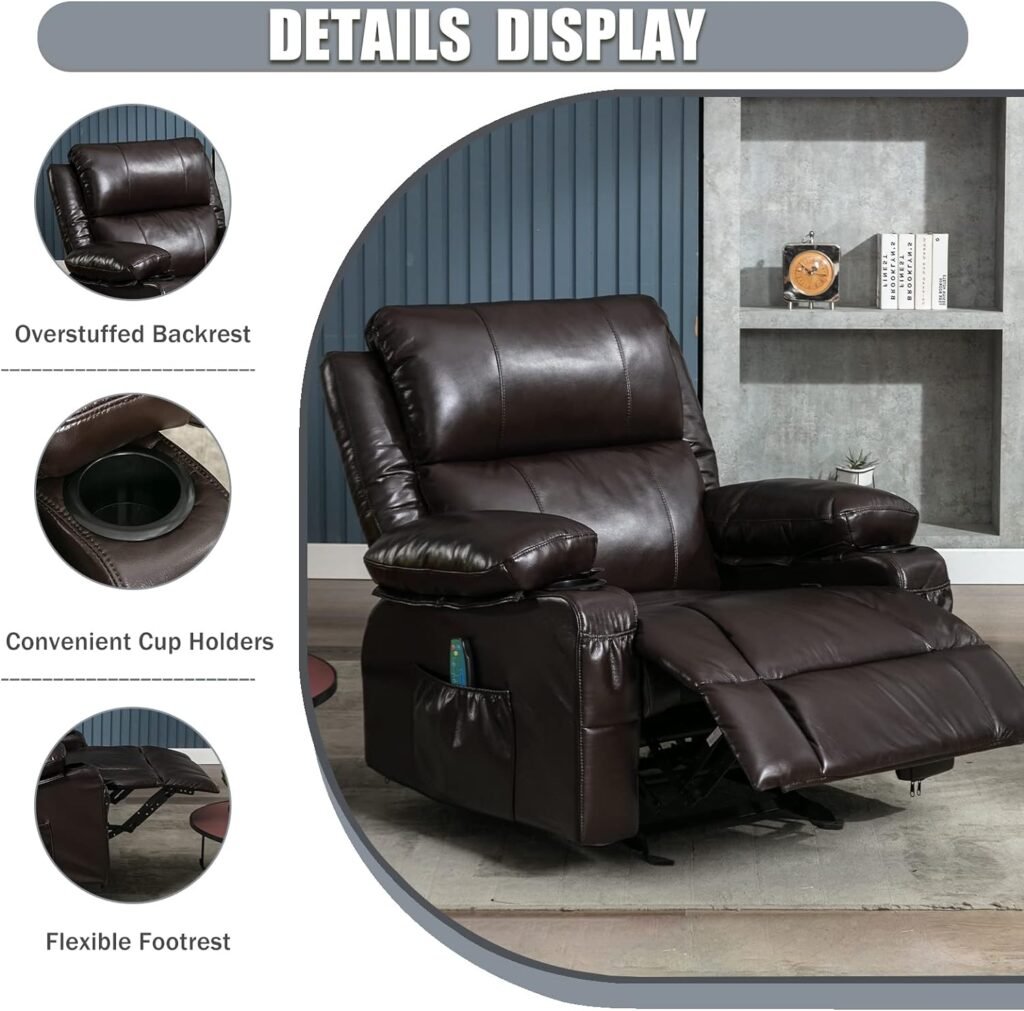 Recliner Chair Rocking Chairs for Adults Oversized with 2 Cup Holders, USB Charge Port Soft Features a Manual Massage and Heat