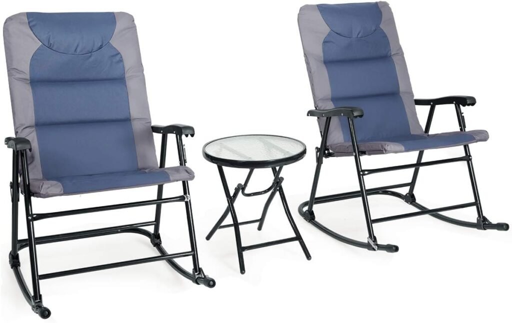 RELAX4LIFE Bistro Set 3-Piece W/ 2 Foldable Rocking Chairs and 1 Glass Table for Balcony, Yard Outdoor Patio Chairs and Table Set (Blue)