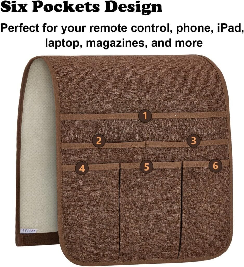 Remote Control Holder Armchair Caddy for Recliner Couch, Non-Slip Armrest Organizer with 5 Pockets for Magazine, Tablet, Phone, iPad (Brown)