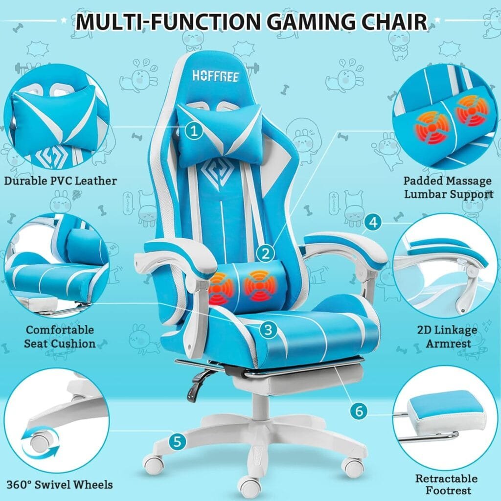 RGB Gaming Chair with Bluetooth Speakers and LED Lights Ergonomic Massage Computer Game Chair with Footrest High Back Music Video Game Chair with Lumbar Support Red and Black