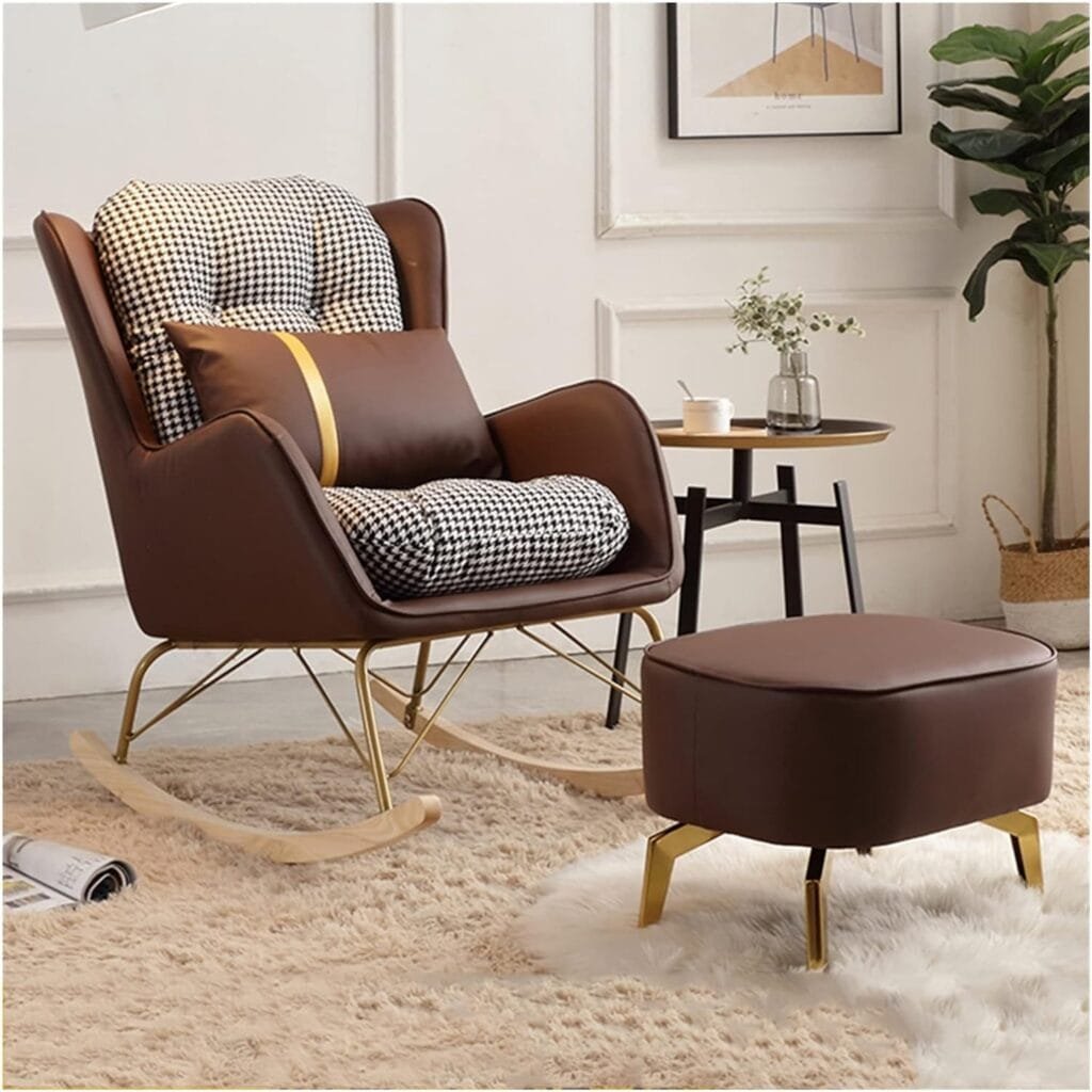 RILOOP Rocking Chair Upholstered Glider Rocker Accent Chair with Lumbar Pillow and Ottoman,Indoor Baby Chair Comfy Armchair Mid-Century Chair for Mom/Brown