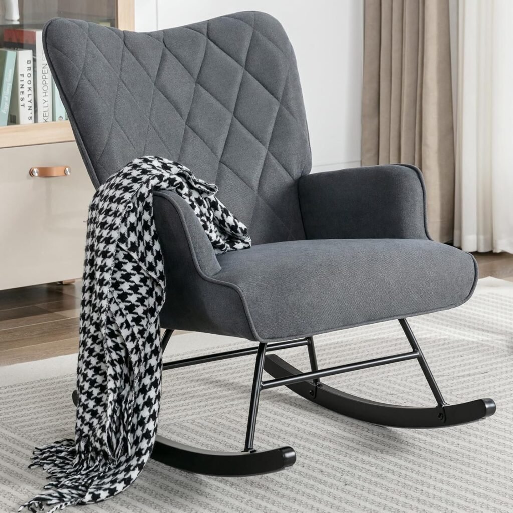 Rocking Chair Nursery with Upholstered Glider Chair for Nursery, High Backrest Armchair Comfy Glider Rocker for Nursery/Living Room/Bedroom-Gray