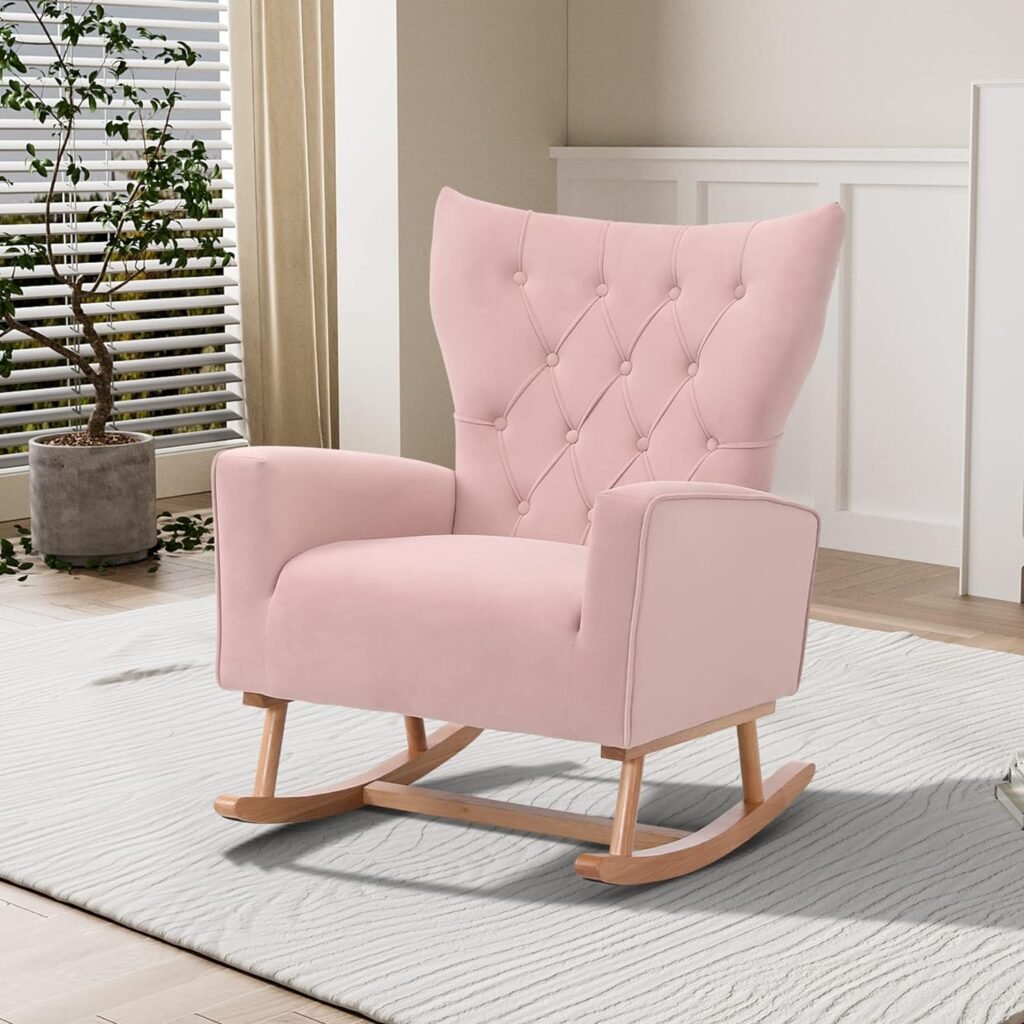 Rophefx Velvet Nursery Rocking Chairs, Glider Rocker for Baby Nursery with Solid Wood Base, Modern Accent Armchair with High Backrest, Pink