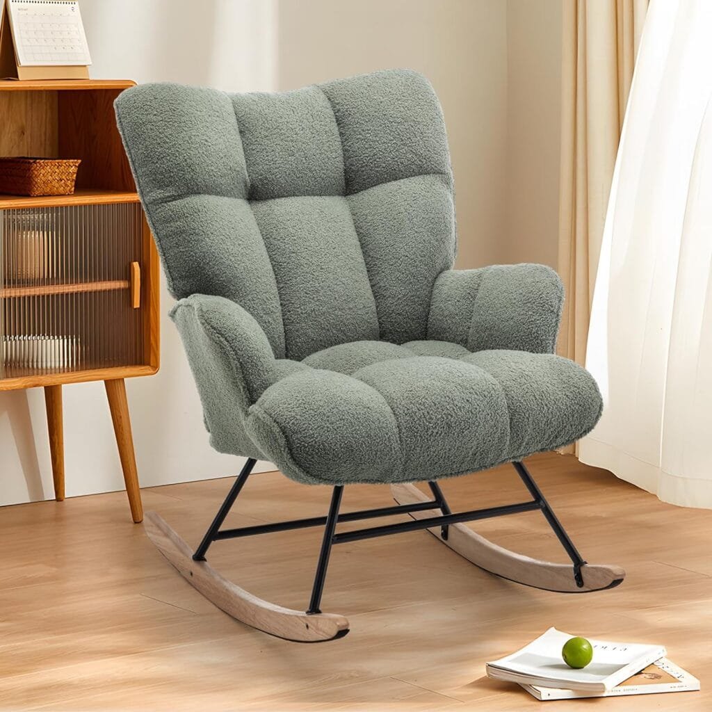 SAETSFEG Upholstered Rocking Chair Nursery, Teddy Fabric Glider Chair with High Backrest, Glider Accent Rocker for Baby Nursery Wide Armrest, Grey