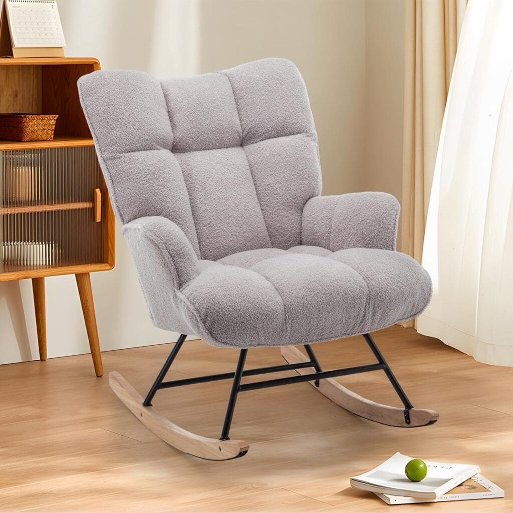 SAETSFEG Upholstered Rocking Chair Nursery, Teddy Fabric Glider Chair with High Backrest, Glider Accent Rocker for Baby Nursery Wide Armrest, Grey