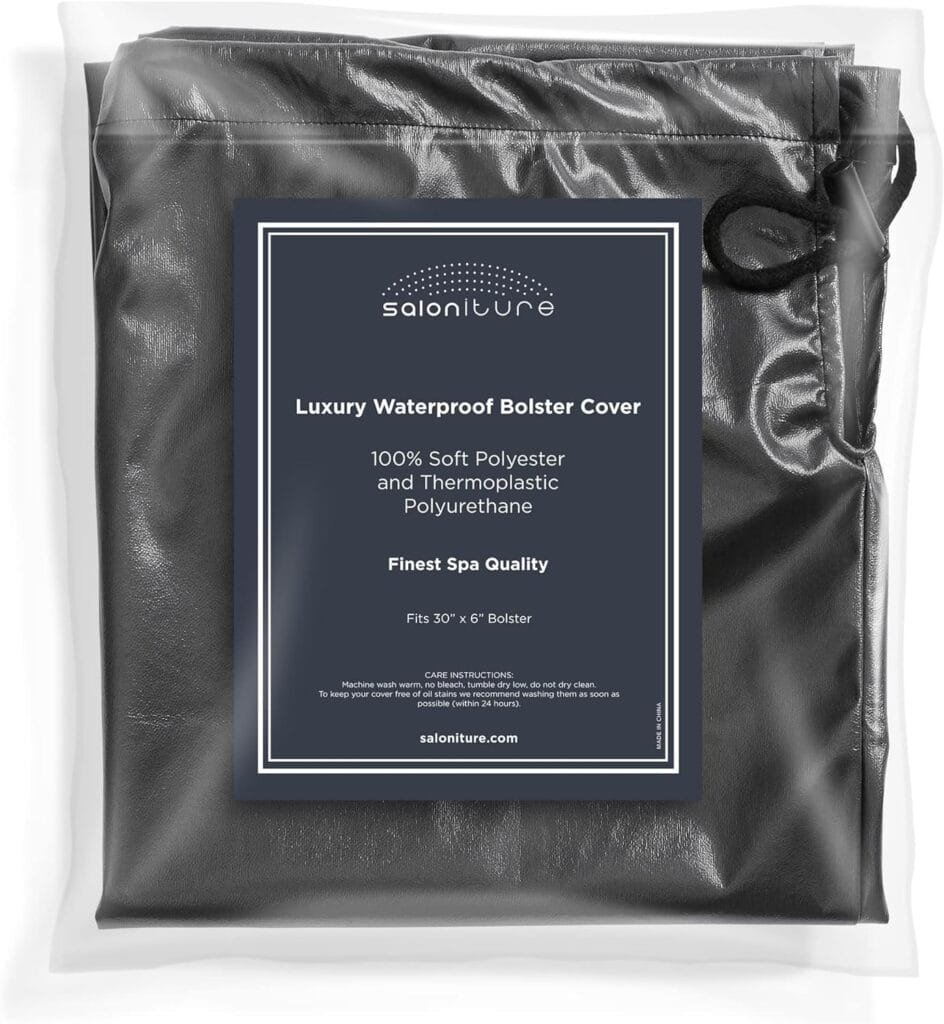 Saloniture Waterproof Cylinder Pillow Case Cover for Massage Table Bolsters - 30 x 6 Inch with Drawstring Closure, Black