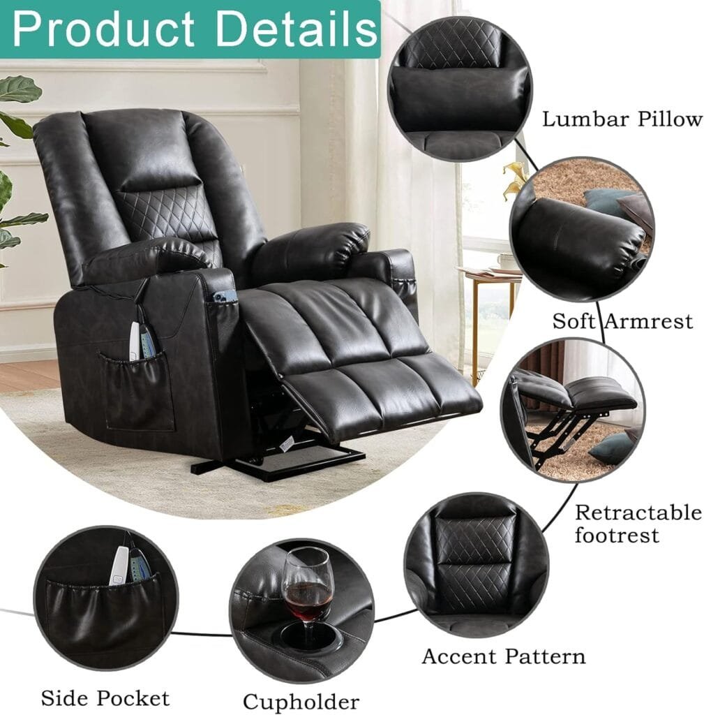 SAMERY Electric Power Recliner Chair Massage  Heating, Comfy Sleeper Chair Sofa Recliners Home Theater Seat Living Room Cup Holders/USB Ports, Lift Recliner Elderly 3HK7077BLGR Gray