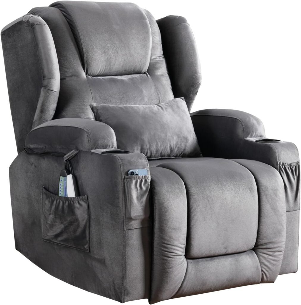 SAMERY Power Recliner Chair with Massage and Heat Velvet Electric Reclining Ergonomic Lounge Sofa Lift Chair for Elderly/Adult/Pregnant with USB Port, Pockets  Lumbar Pillow Living Room