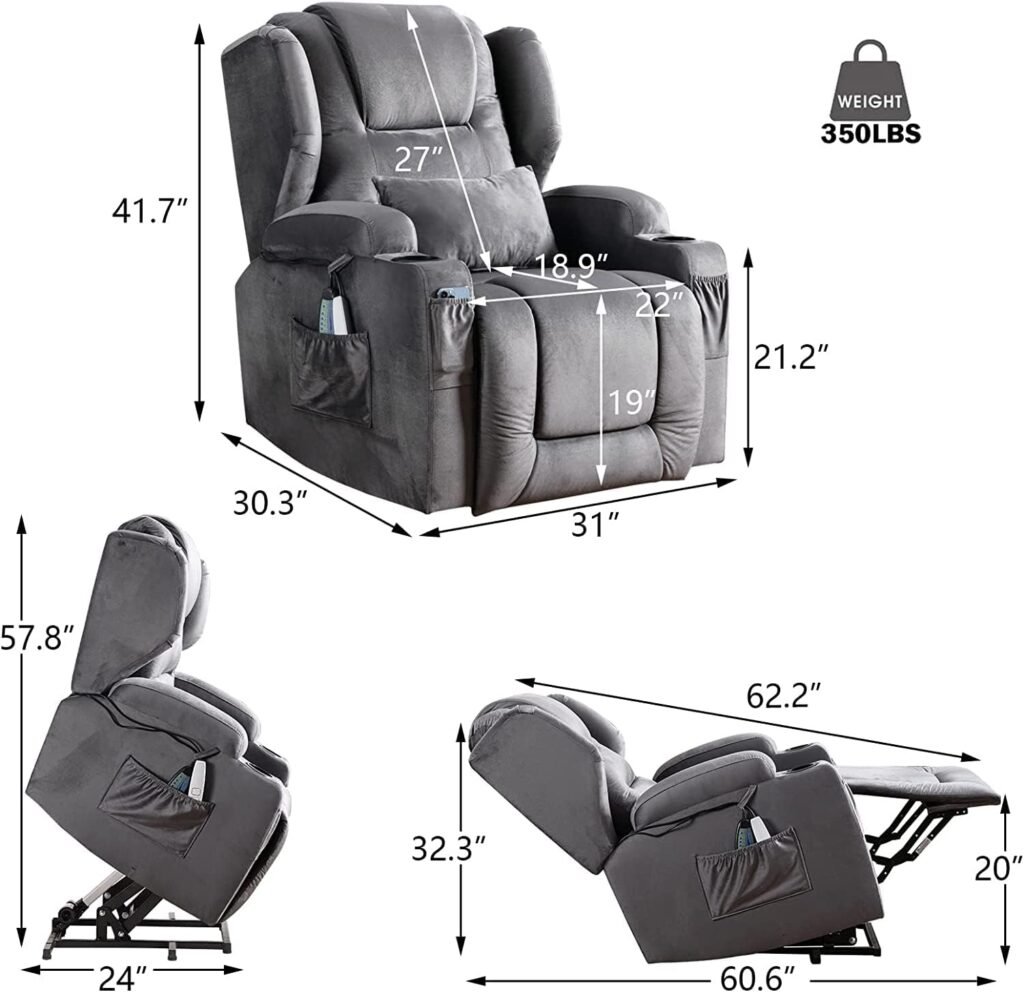 SAMERY Power Recliner Chair with Massage and Heat Velvet Electric Reclining Ergonomic Lounge Sofa Lift Chair for Elderly/Adult/Pregnant with USB Port, Pockets  Lumbar Pillow Living Room