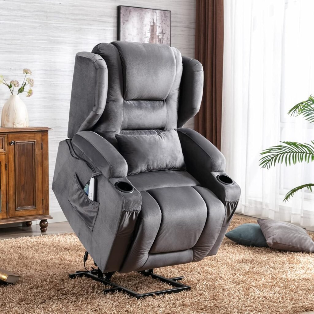 SAMERY Power Recliner Chair with Massage and Heat Velvet Electric Reclining Ergonomic Lounge Sofa Lift Chair for Elderly/Adult/Pregnant with USB Port, Pockets  Lumbar Pillow Living Room