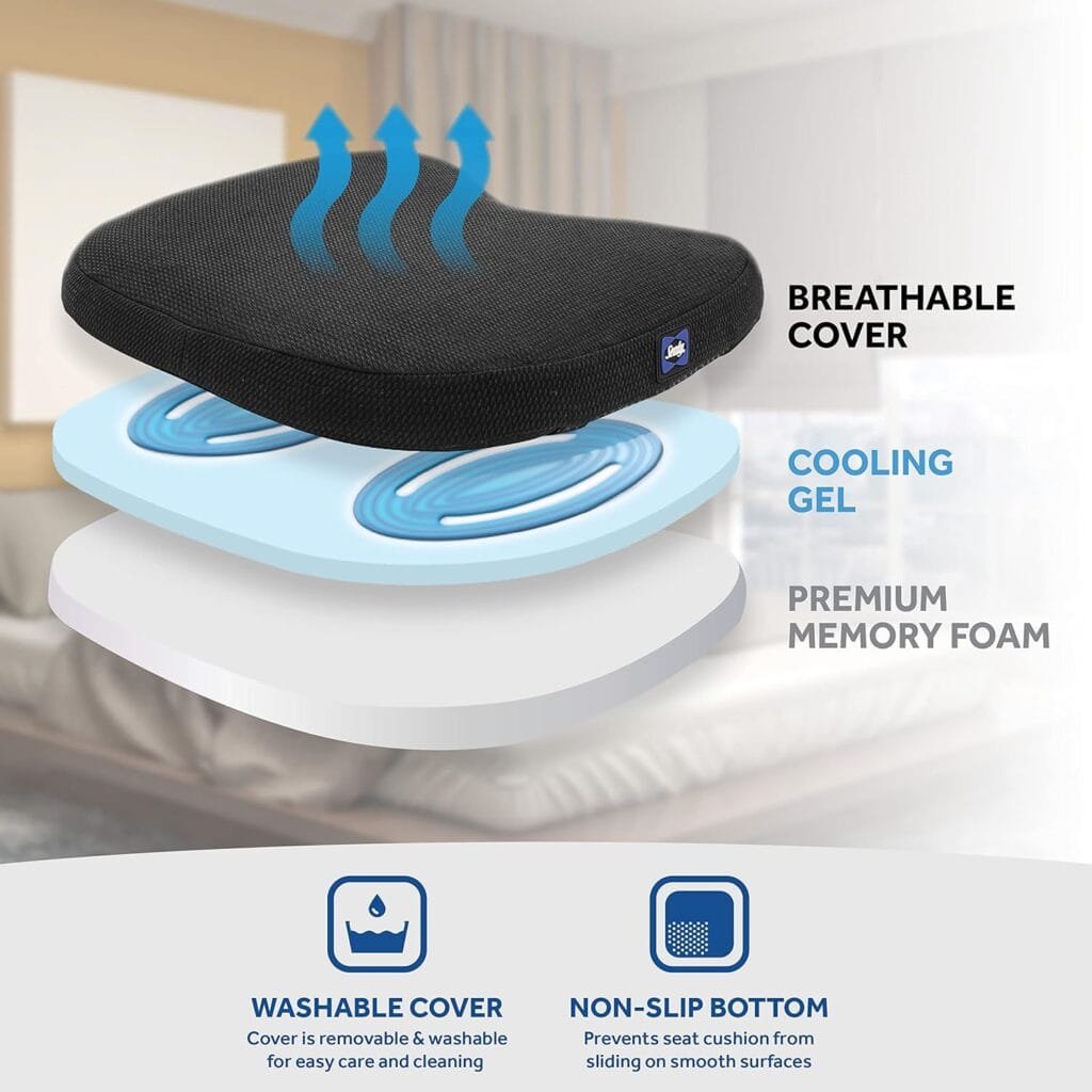 Sealy - Slim Seat Cushion with Cooling Gel - Premium Memory Foam for Comfortable Seating, Contoured Support, Breathable Cover, Non-Slip Bottom, Machine Washable - Perfect for Home, Office, or Car