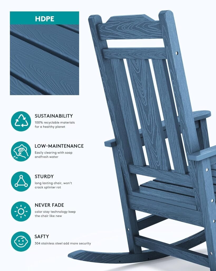 SERWALL Outdoor Rocking Chair, HDPE Poly Rocking Chair for Adults, All Weather Resistant Heavy Duty Front Porch Rocker, Blue