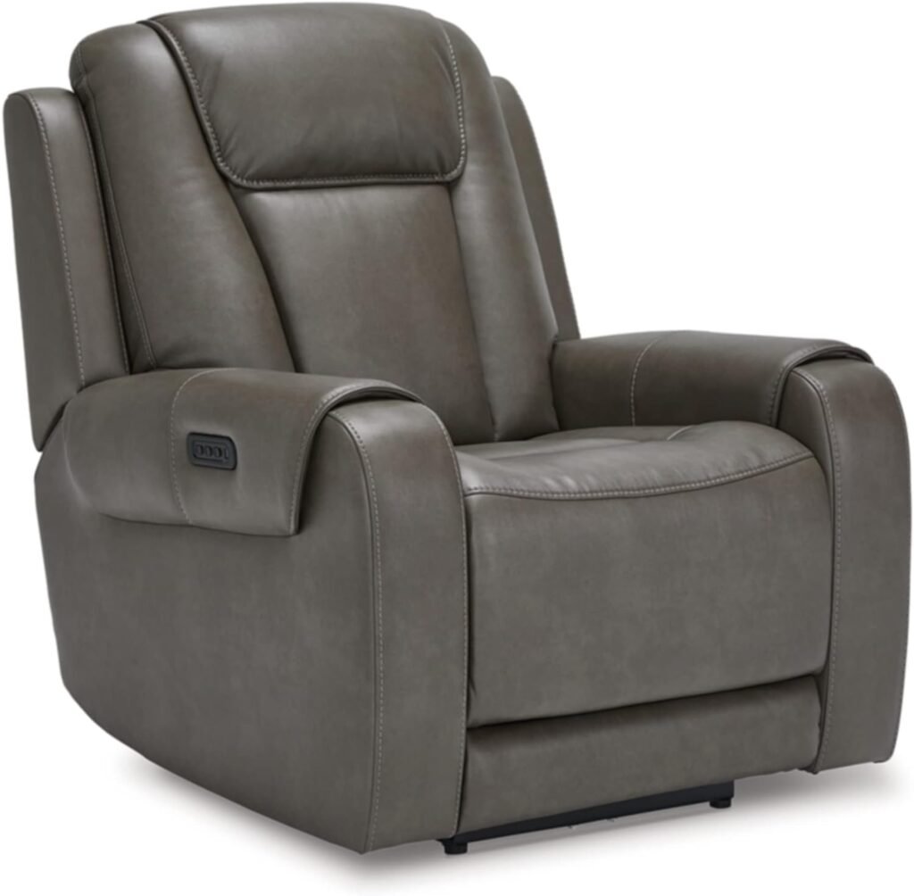 Signature Design by Ashley Card Player Contemporary Faux Leather Power Recliner with Adjustable Headrest, Gray