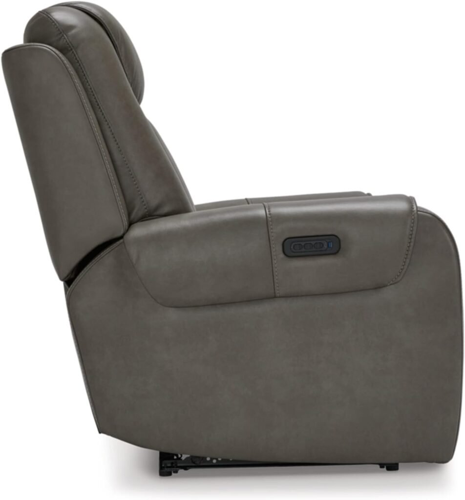 Signature Design by Ashley Card Player Contemporary Faux Leather Power Recliner with Adjustable Headrest, Gray