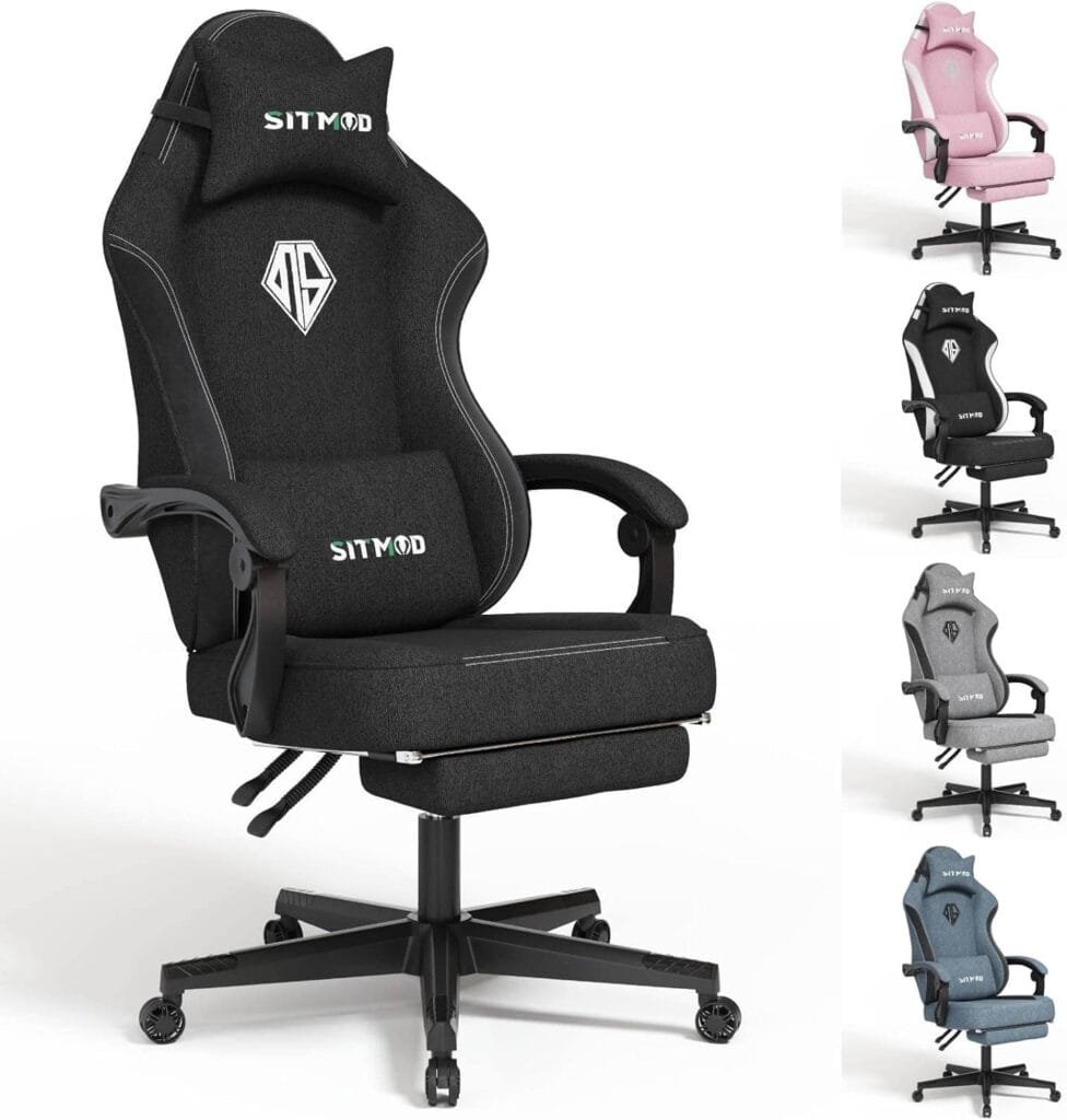 SITMOD Gaming Chairs for Adults with Footrest-PC Computer Ergonomic Video Game Chair-Backrest and Seat Height Adjustable Swivel Task Chair with Headrest and Lumbar Support(Black)-Fabric