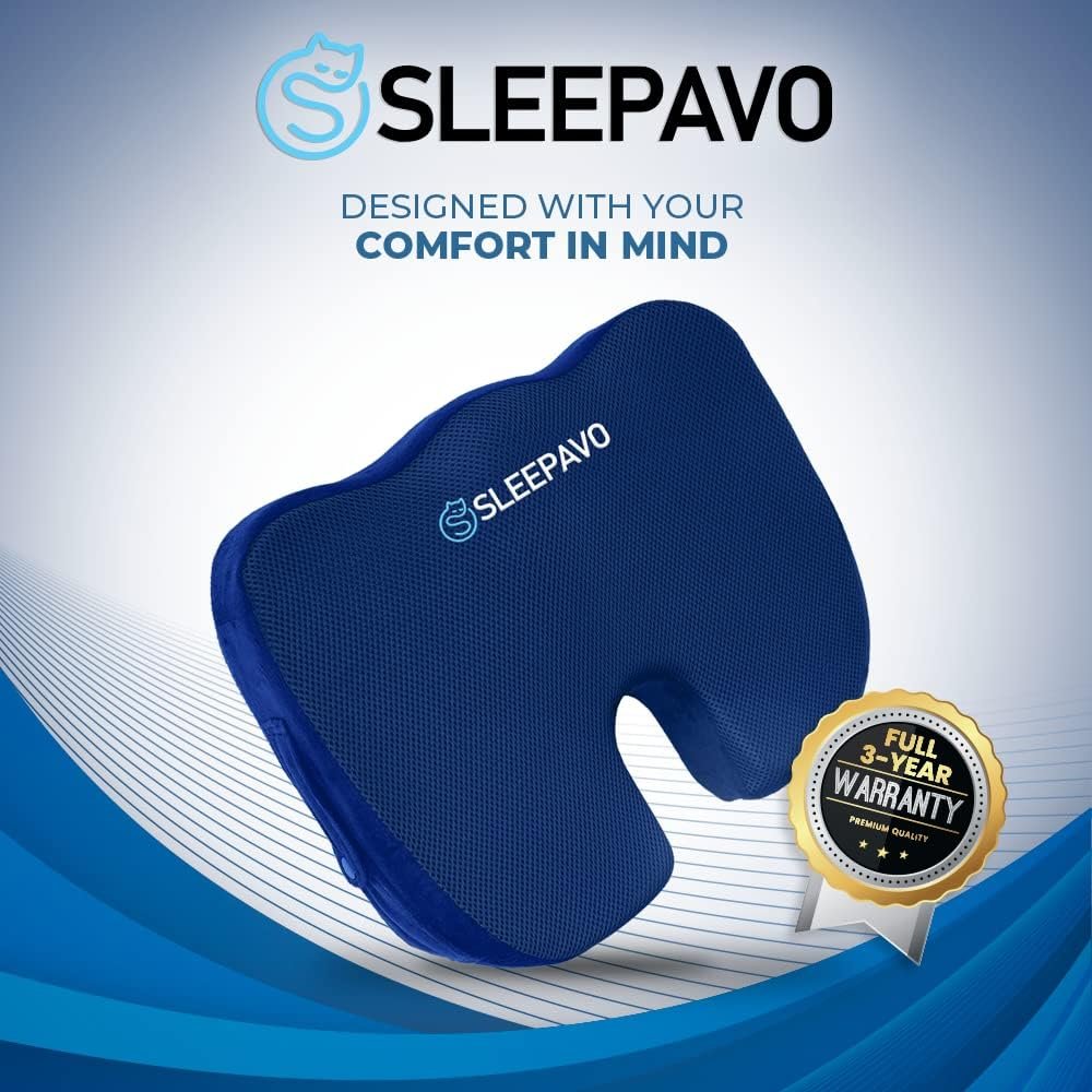 Sleepavo Black Memory Foam Seat Cushion for Office Chair - Cooling Gel Pillow for Sciatica Coccyx Back Tailbone, Lower Back Pain Relief - Chair Pad for Lumbar Support in Office Desk, Car, Airplane