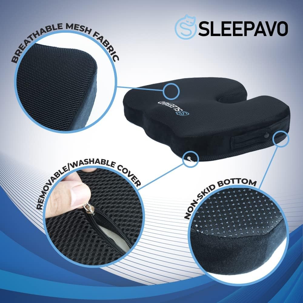 Sleepavo Black Memory Foam Seat Cushion for Office Chair - Cooling Gel Pillow for Sciatica Coccyx Back Tailbone, Lower Back Pain Relief - Chair Pad for Lumbar Support in Office Desk, Car, Airplane