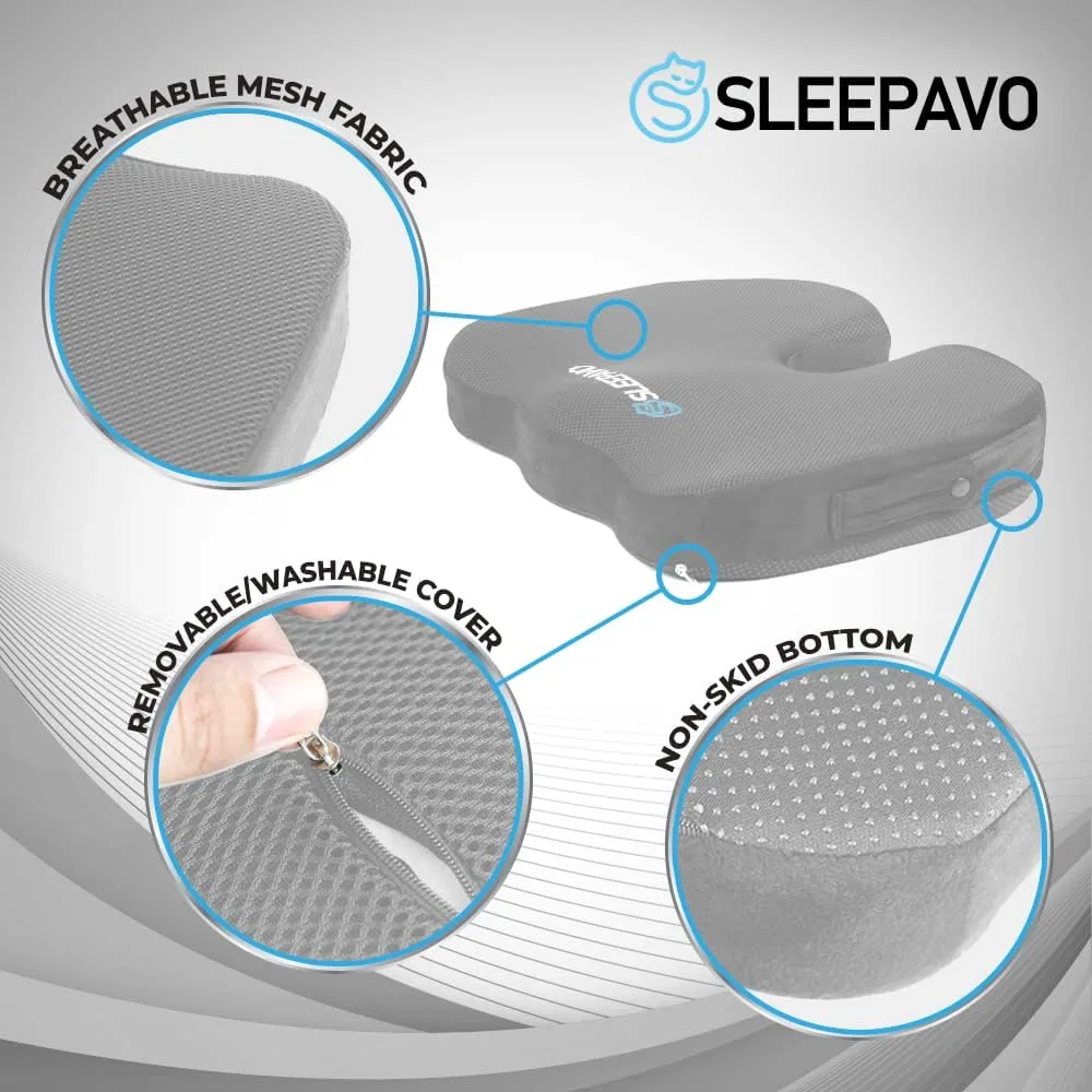 Sleepavo Black Memory Foam Seat Cushion for Office Chair - Pillow for Sciatica, Coccyx, Back, Tailbone, Lower Back Pain Relief - Orthopedic Chair Pad for Lumbar Support in Office Desk, Car, Airplane