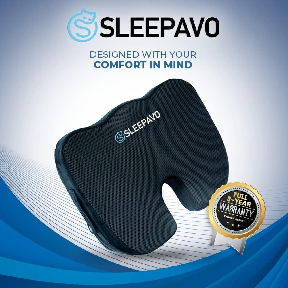 Sleepavo Black Memory Foam Seat Cushion for Office Chair - Pillow for Sciatica, Coccyx, Back, Tailbone, Lower Back Pain Relief - Orthopedic Chair Pad for Lumbar Support in Office Desk, Car, Airplane