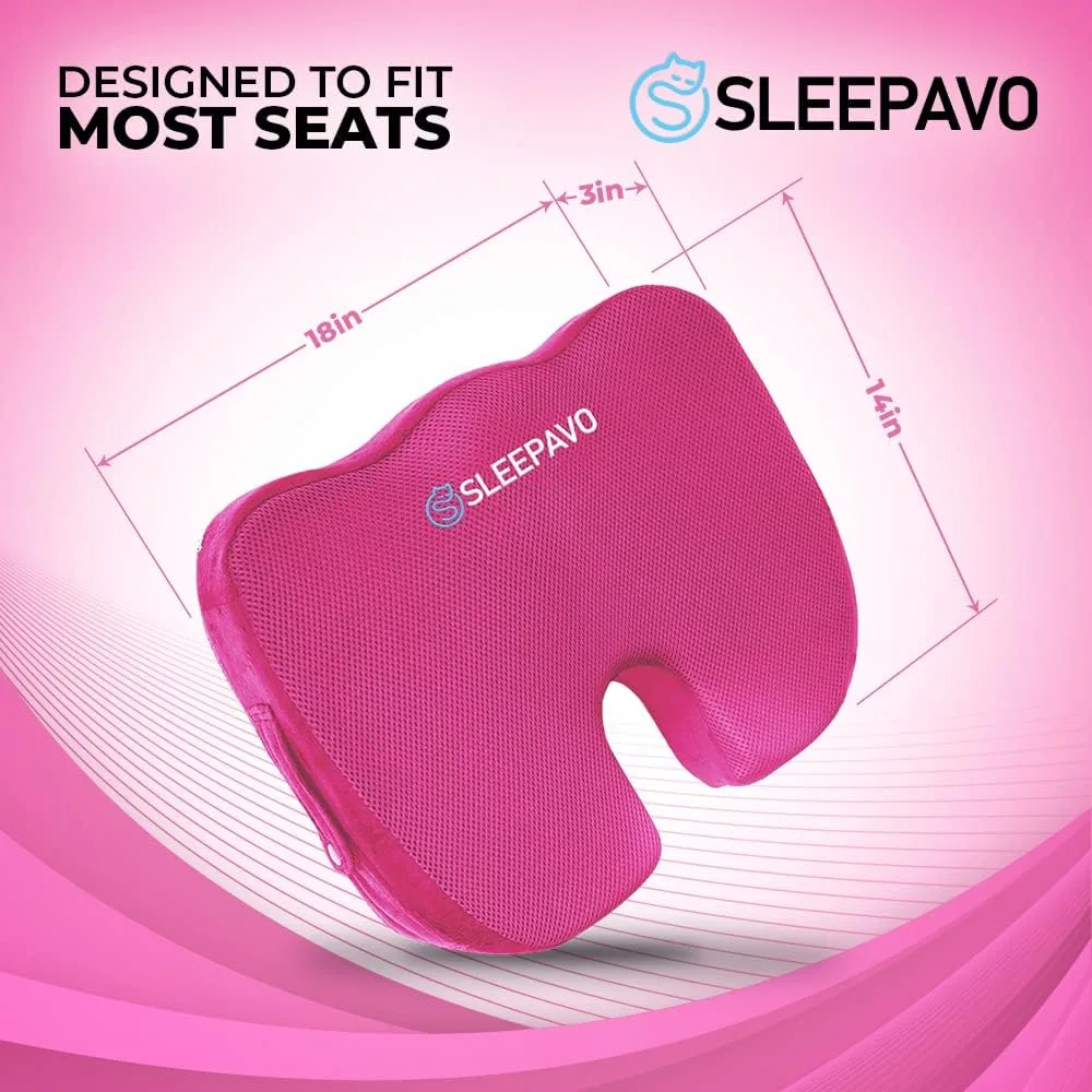 Sleepavo Black Memory Foam Seat Cushion for Office Chair - Pillow for Sciatica, Coccyx, Back, Tailbone, Lower Back Pain Relief - Orthopedic Chair Pad for Lumbar Support in Office Desk, Car, Airplane