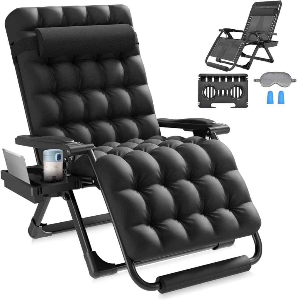 Slendor Oversized Padded Zero Gravity Chair XXL, 33inch Zero Gravity Recliner, Folding Reclining Lounge Chair,Indoor Outdoor Patio Chairs with Pillow, Footrest,Cup Holder, Support 500lbs,Black