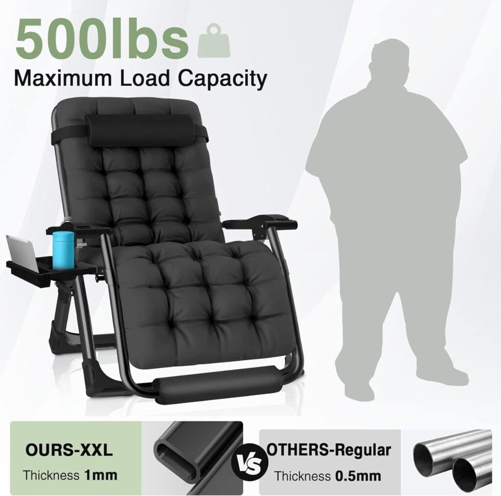 Slendor Oversized Padded Zero Gravity Chair XXL, 33inch Zero Gravity Recliner, Folding Reclining Lounge Chair,Indoor Outdoor Patio Chairs with Pillow, Footrest,Cup Holder, Support 500lbs,Black