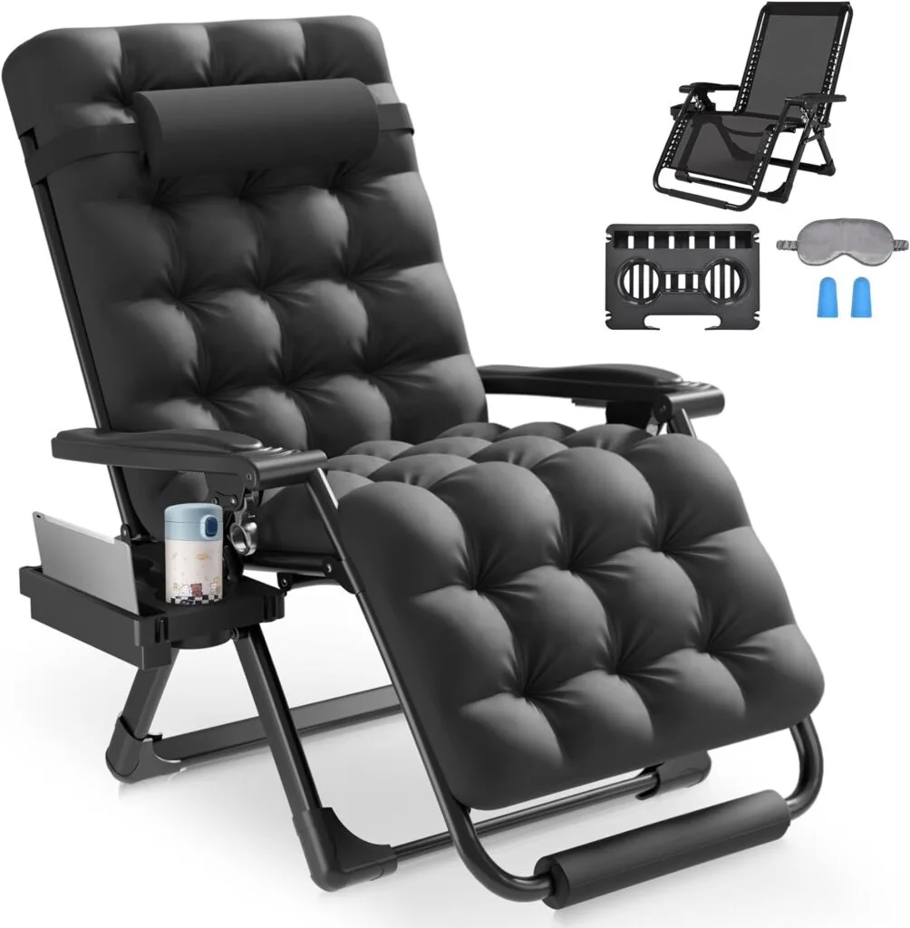 Slendor Oversized Zero Gravity Chair 29In,Gravity Recliner Chair for Indoor Outdoor,XL Padded Patio Lounge Chair with Headrest, Upgrade Aluminum Alloy Lock, Cup Holder,Support 500lbs,Black