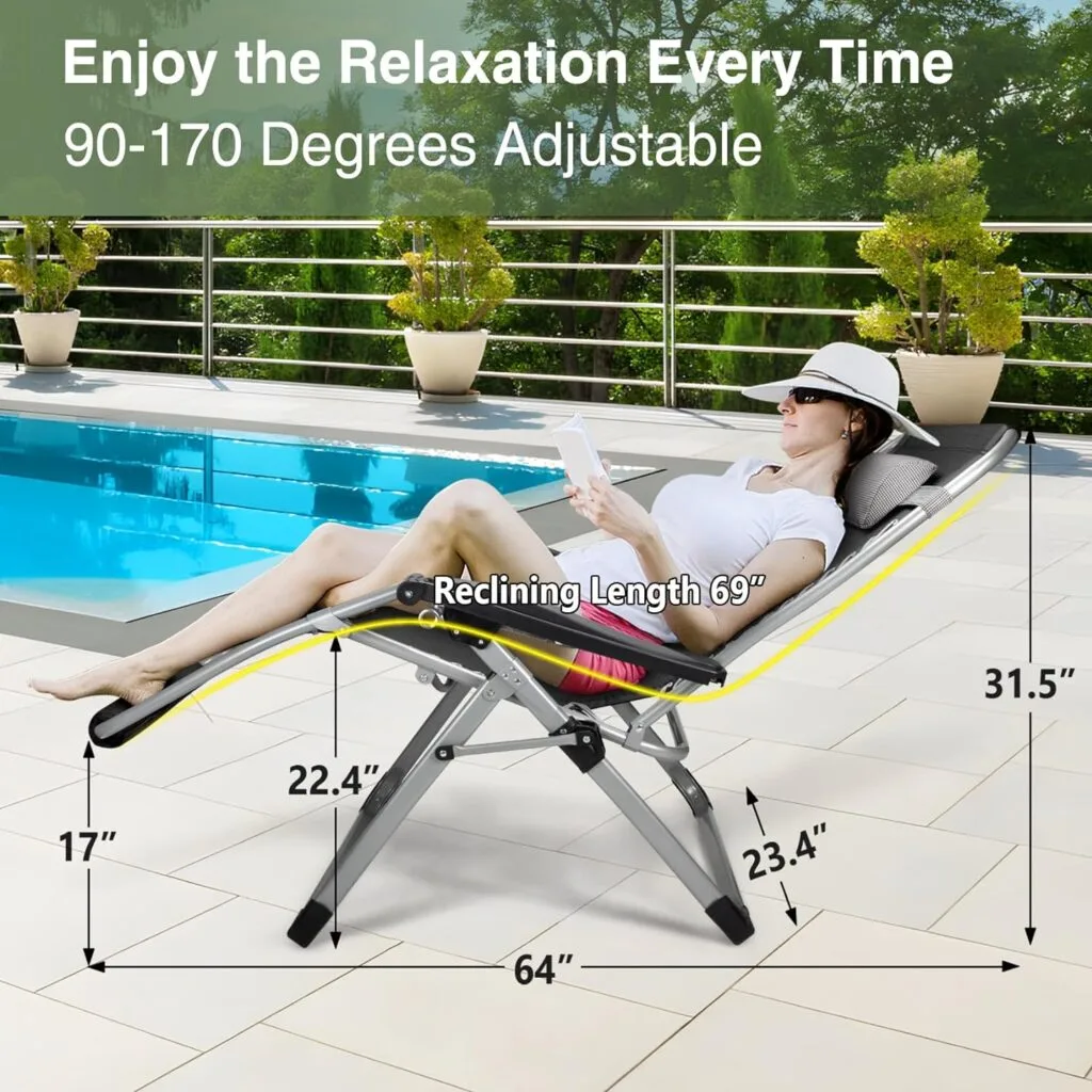 Slendor Oversized Zero Gravity Chair 29In,Gravity Recliner Chair for Indoor Outdoor,XL Padded Patio Lounge Chair with Headrest, Upgrade Aluminum Alloy Lock, Cup Holder,Support 500lbs,Black