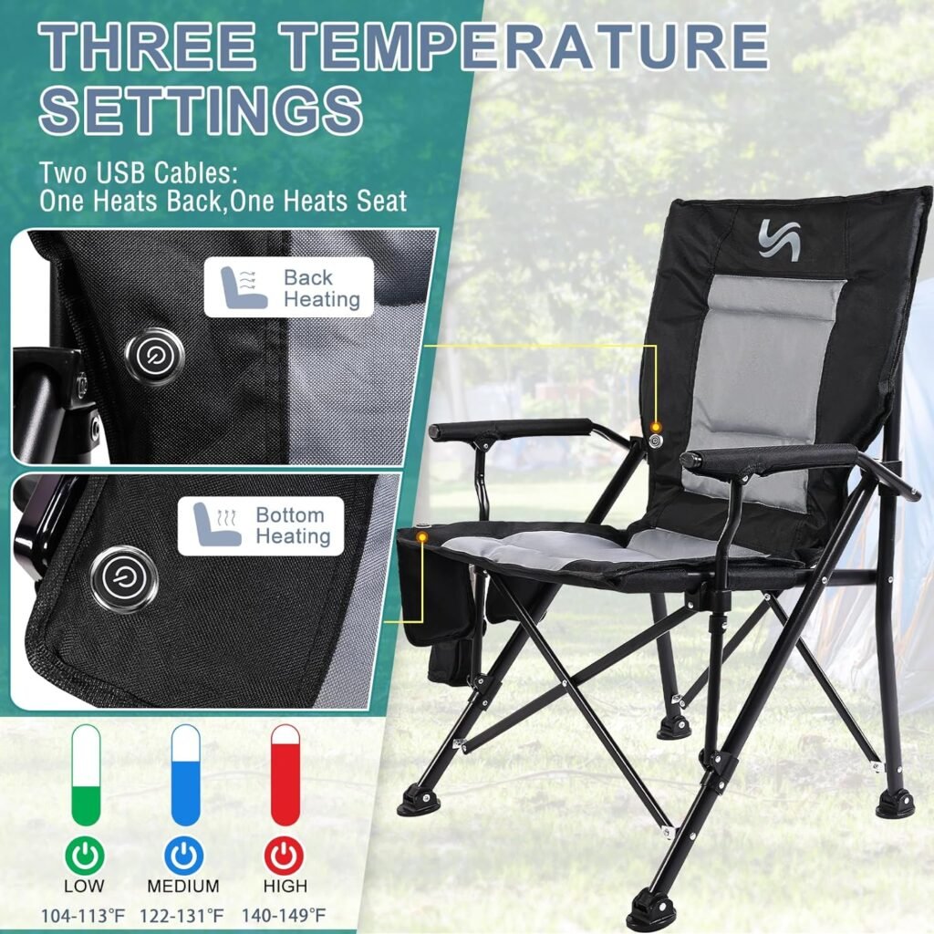 Slsy Heated Camping Chair Oversized, Outdoor Portable Heated Folding Chairs, Heated Foldable Chair Seat Supports 500 lbs, Heating Chair for Outdoor Sports, Camping, Patio, and Picnics