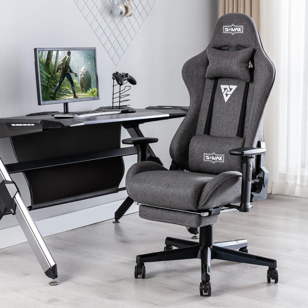 S*MAX Fabric Gaming Chair with Footrest Thicken Seat Ergonomic Gameing Chair with 3D Armrest Breathable Fabric Gamer Chairs for Adults Headrest Lumbar Support High Back Gaming Chairs for Adults Grey