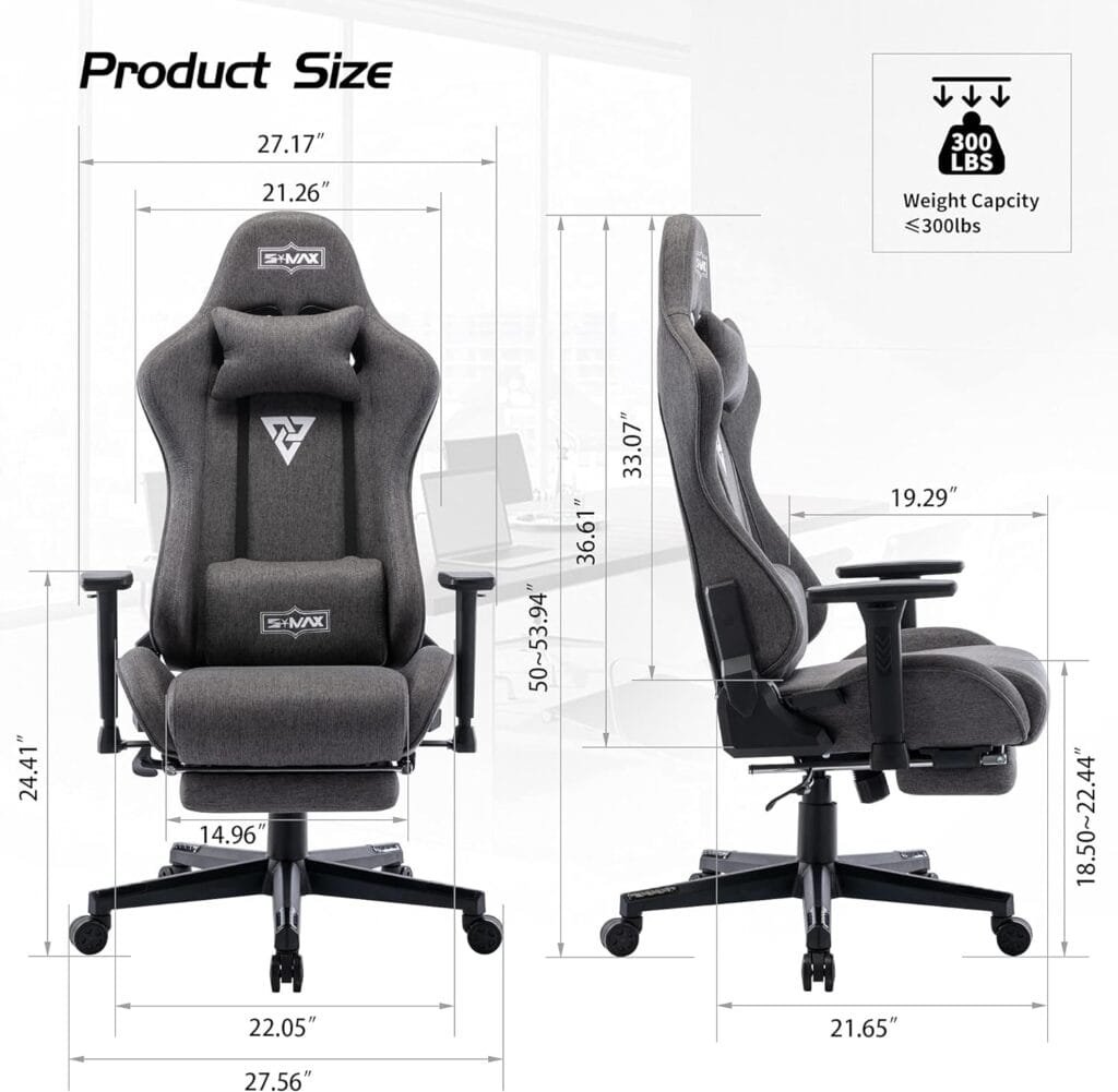 S*MAX Fabric Gaming Chair with Footrest Thicken Seat Ergonomic Gameing Chair with 3D Armrest Breathable Fabric Gamer Chairs for Adults Headrest Lumbar Support High Back Gaming Chairs for Adults Grey