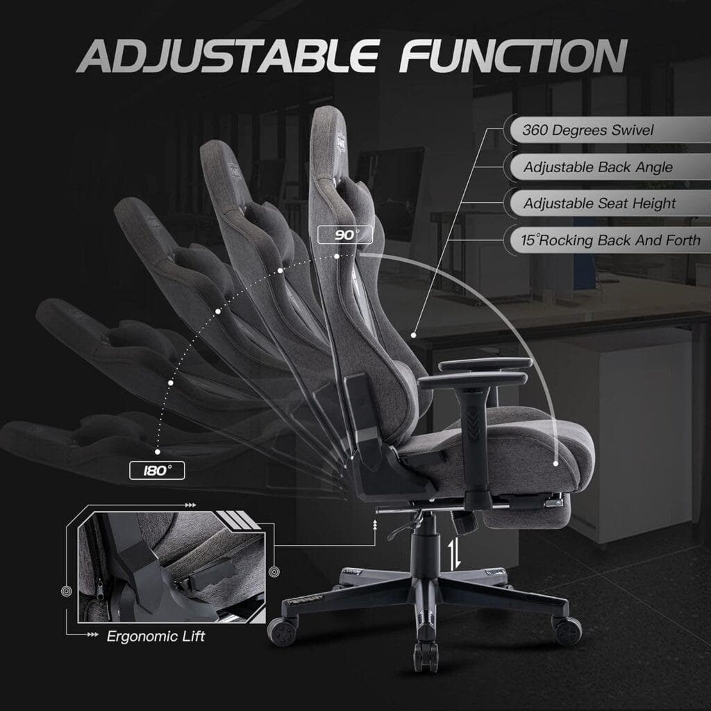 S*MAX Fabric Gaming Chair with Footrest Thicken Seat Ergonomic Gameing Chair with 3D Armrest Breathable Fabric Gamer Chairs for Adults Headrest Lumbar Support High Back Gaming Chairs for Adults Grey