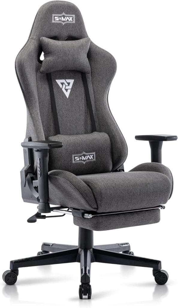 S*MAX Fabric Gaming Chair with Footrest Thicken Seat Ergonomic Gameing Chair with 3D Armrest Breathable Fabric Gamer Chairs for Adults Headrest Lumbar Support High Back Gaming Chairs for Adults Grey