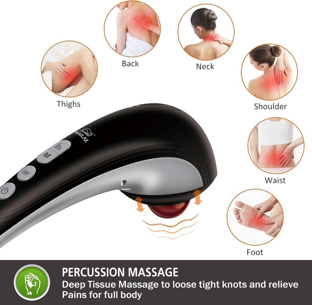 Snailax Cordless Handheld Back Massager - Rechargeable Percussion Massage with Heat, Deep Tissue Massager for Neck Shoulder Waist Leg Foot Back, Portable Wand Massager for Full Body