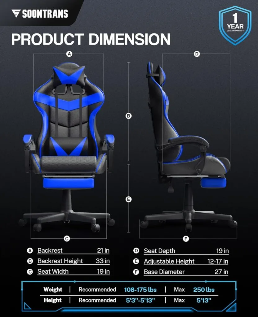 Soontrans Gaming Chair with Footrest,Gaming Computer Chair, Office Gaming Chair Ergonomic Gamer Chair with Height Adjustment,Headrest and Lumbar Support Gamer Chair(Storm Blue)