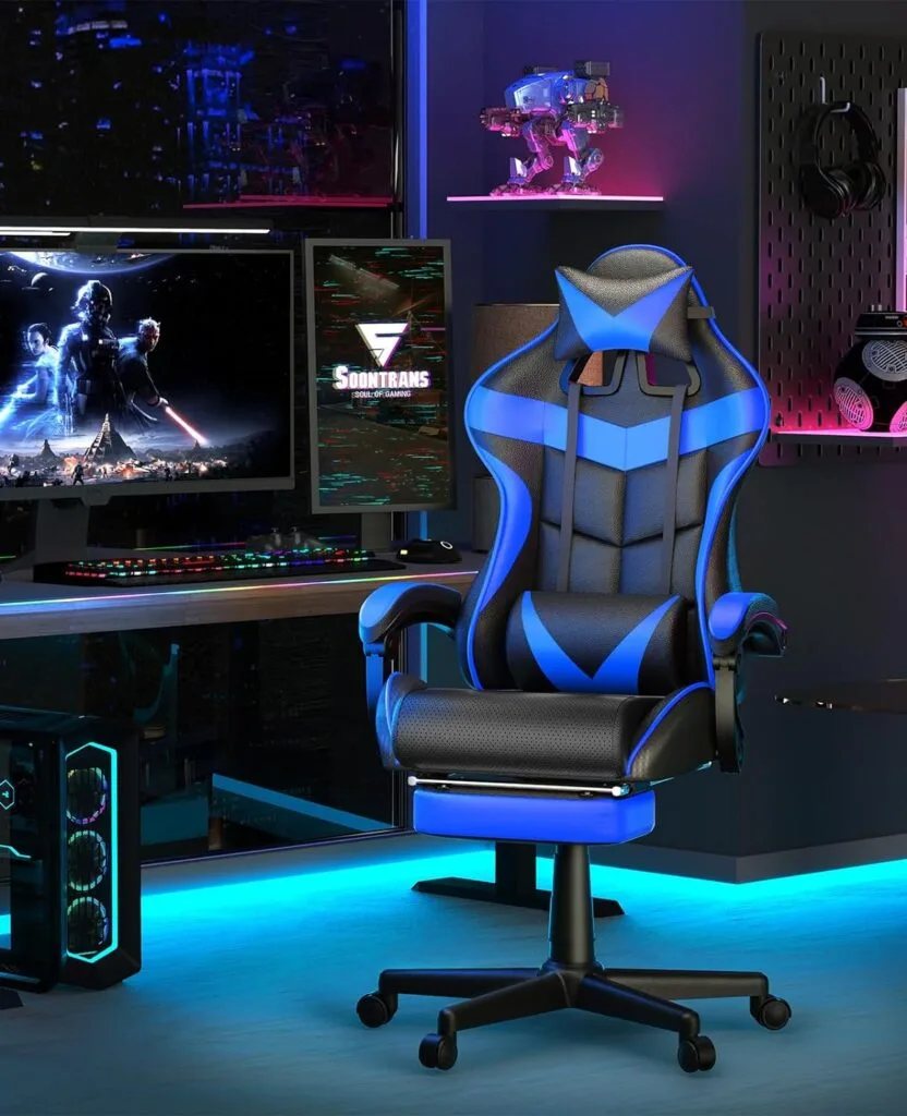 Soontrans Gaming Chair with Footrest,Gaming Computer Chair, Office Gaming Chair Ergonomic Gamer Chair with Height Adjustment,Headrest and Lumbar Support Gamer Chair(Storm Blue)