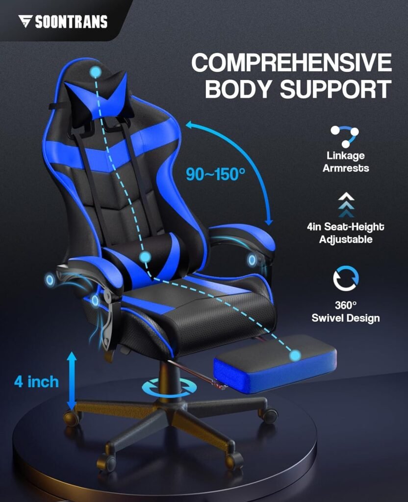 Soontrans Gaming Chair with Footrest,Gaming Computer Chair, Office Gaming Chair Ergonomic Gamer Chair with Height Adjustment,Headrest and Lumbar Support Gamer Chair(Storm Blue)