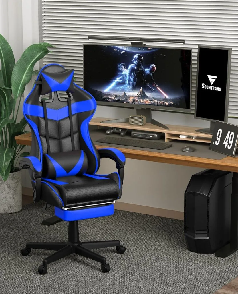 Soontrans Gaming Chair with Footrest,Gaming Computer Chair, Office Gaming Chair Ergonomic Gamer Chair with Height Adjustment,Headrest and Lumbar Support Gamer Chair(Storm Blue)