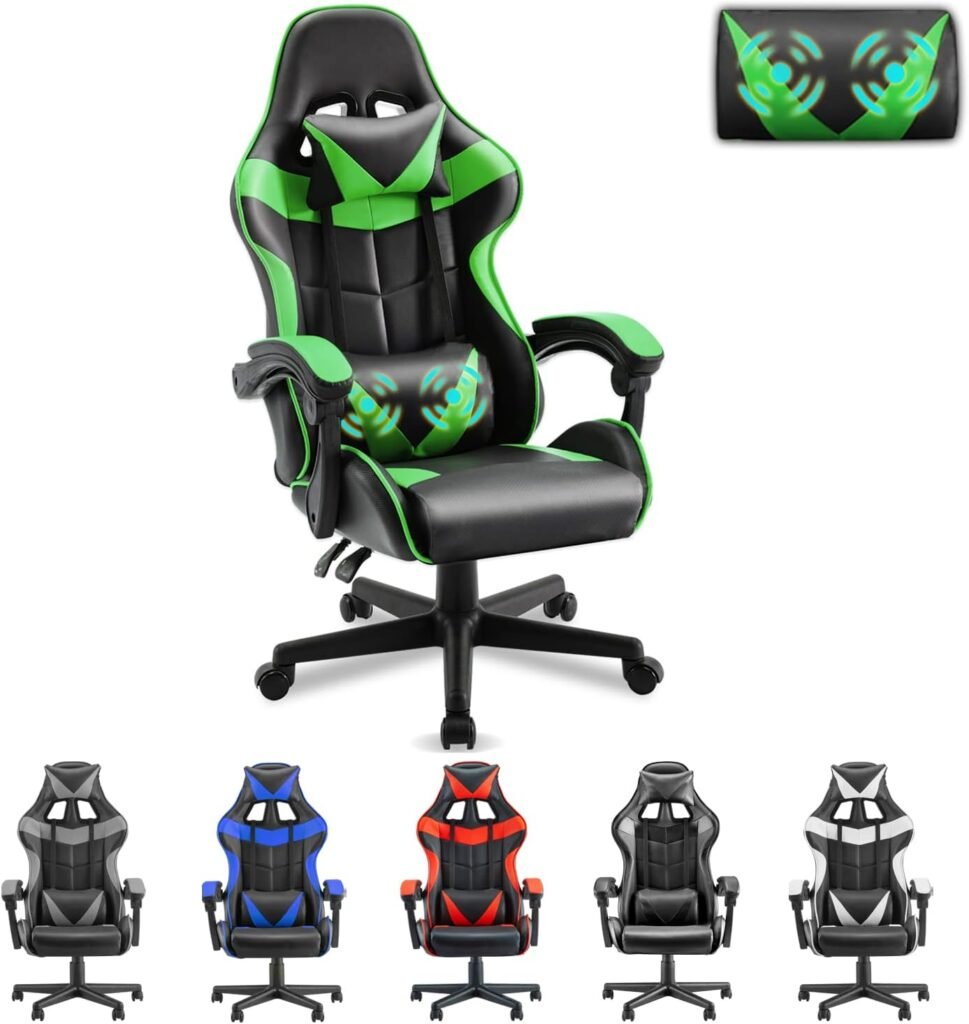 Soontrans Green Gaming Chair with Massage,Racing Gamer Chair for Teens, Ergonomic Game Chair with Adjustable Headrest and Lumbar Support (Jungle Green)