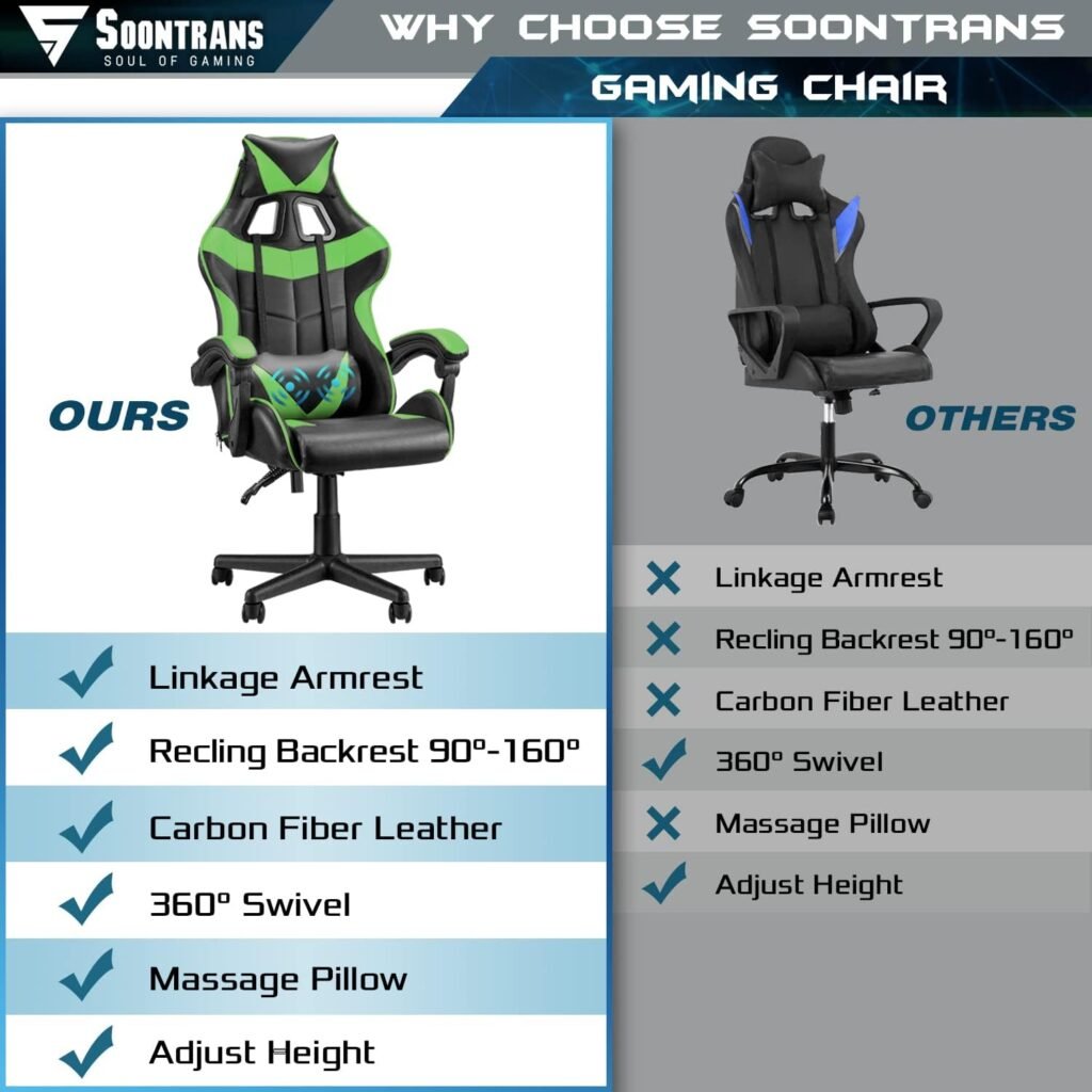 Soontrans Green Gaming Chair with Massage,Racing Gamer Chair for Teens, Ergonomic Game Chair with Adjustable Headrest and Lumbar Support (Jungle Green)