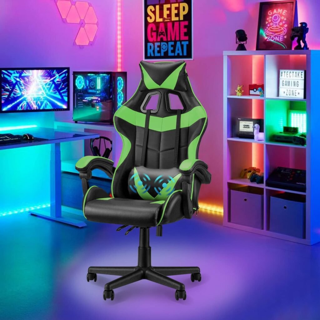 Soontrans Green Gaming Chair with Massage,Racing Gamer Chair for Teens, Ergonomic Game Chair with Adjustable Headrest and Lumbar Support (Jungle Green)